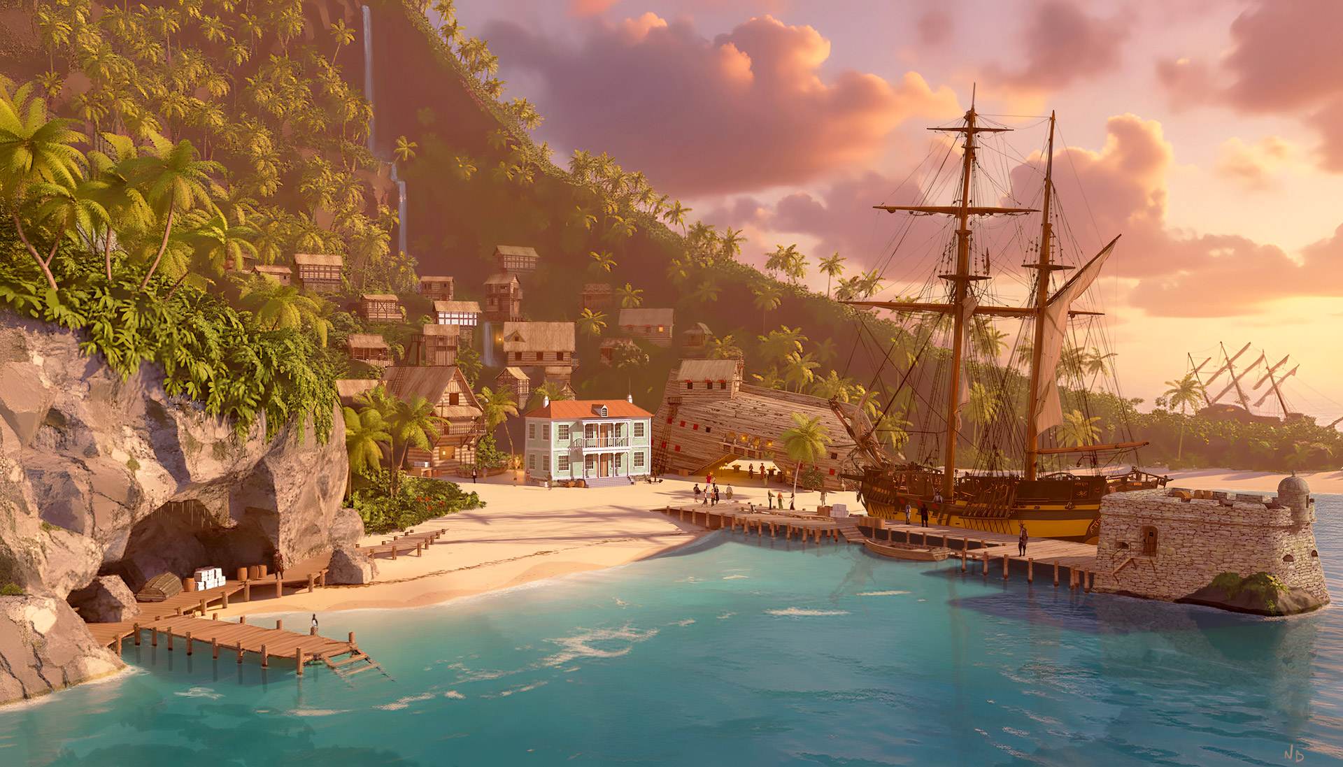peinture numérique d'un village pirate à partir de la 3D et de l'IA